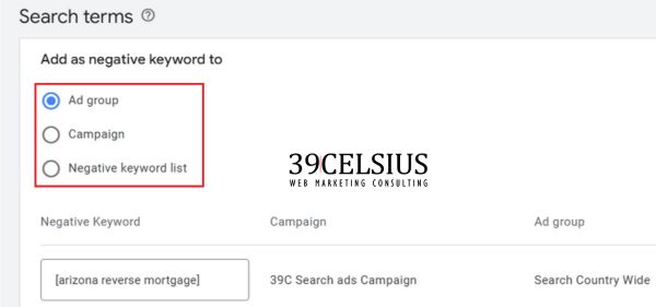 Add Your Negative Search Terms to Campaign Ad Group or List